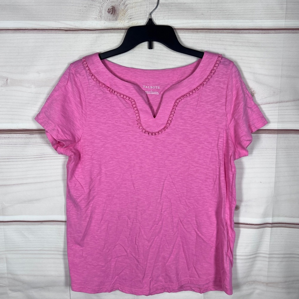 Talbots T-Shirt Women Large Pink Slub Cotton Notch Neck Pom Trim Casual Top Knit